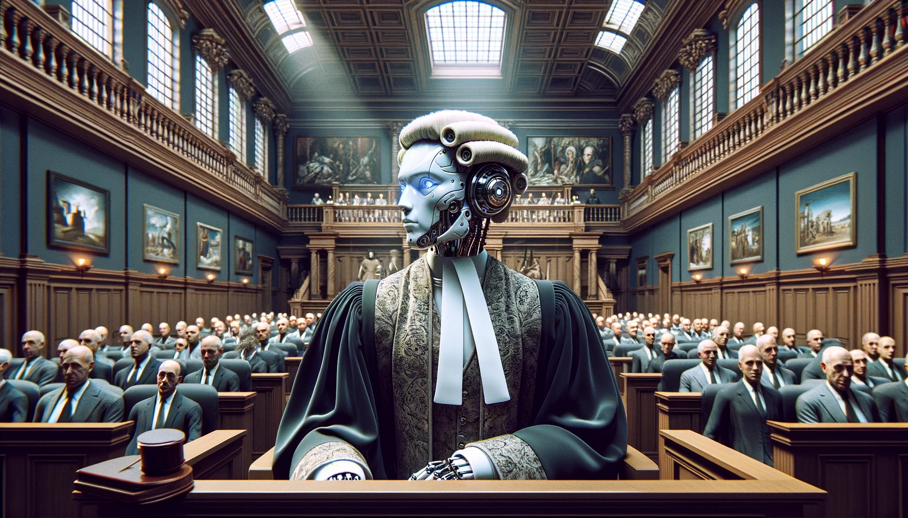 a humanoid robot lawyer in a courtroom, designed with a style reminiscent of Michelangelo's works. The robot is wearing a traditional lawyer's white wig and a formal robe, situated in a Renaissance-era courtroom.